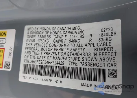 2023 Honda Civic Sport z USA, uszkodzony, nr VIN 2HGFE2F54PH524429